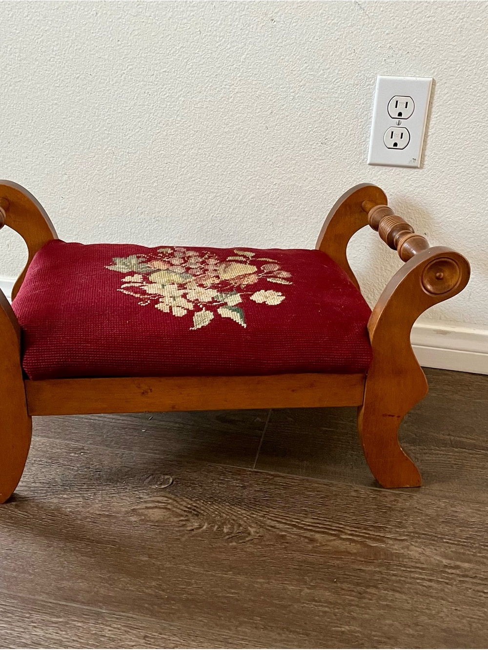 Wooden Floral Needlepoint Footstool - Burgundy Upholstery